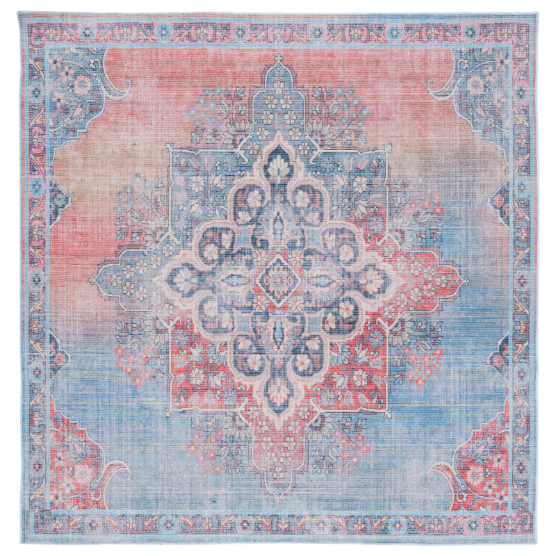 Tapis oriental rouge / bleu Demetrius, Carré 6 pi 7 po