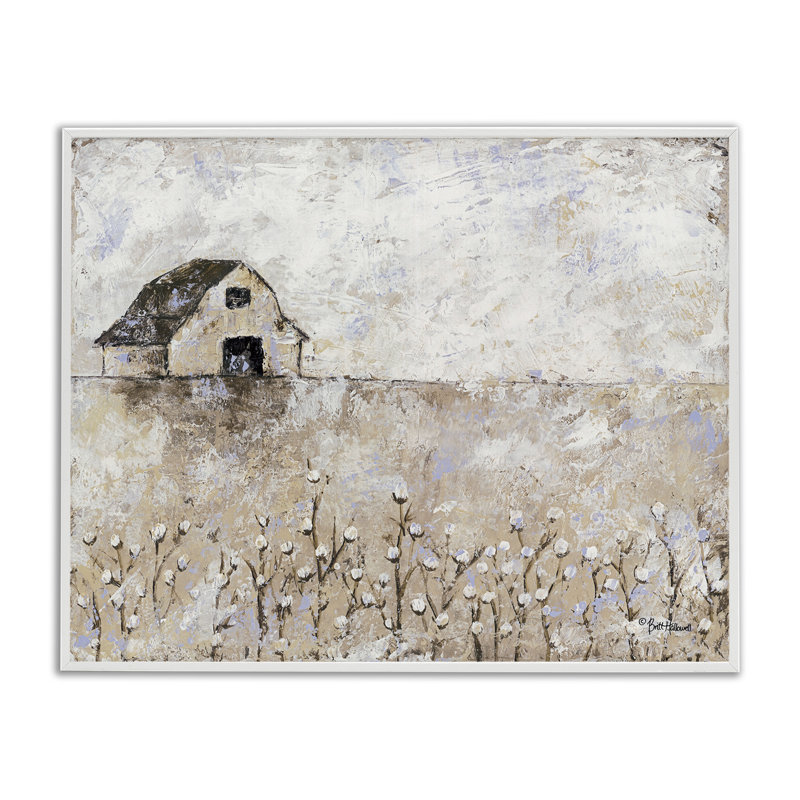 White and Beige Landscape Canvas Print with Barn and Cotton Fields