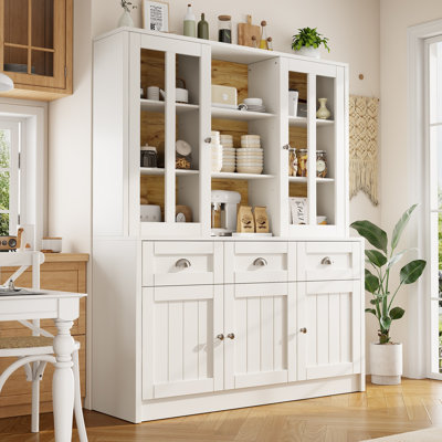 140×38.5×175cm White Modern Minimalist Freestanding Tall Display Cabinet with Drawers for Kitchen, Dining & Living Room