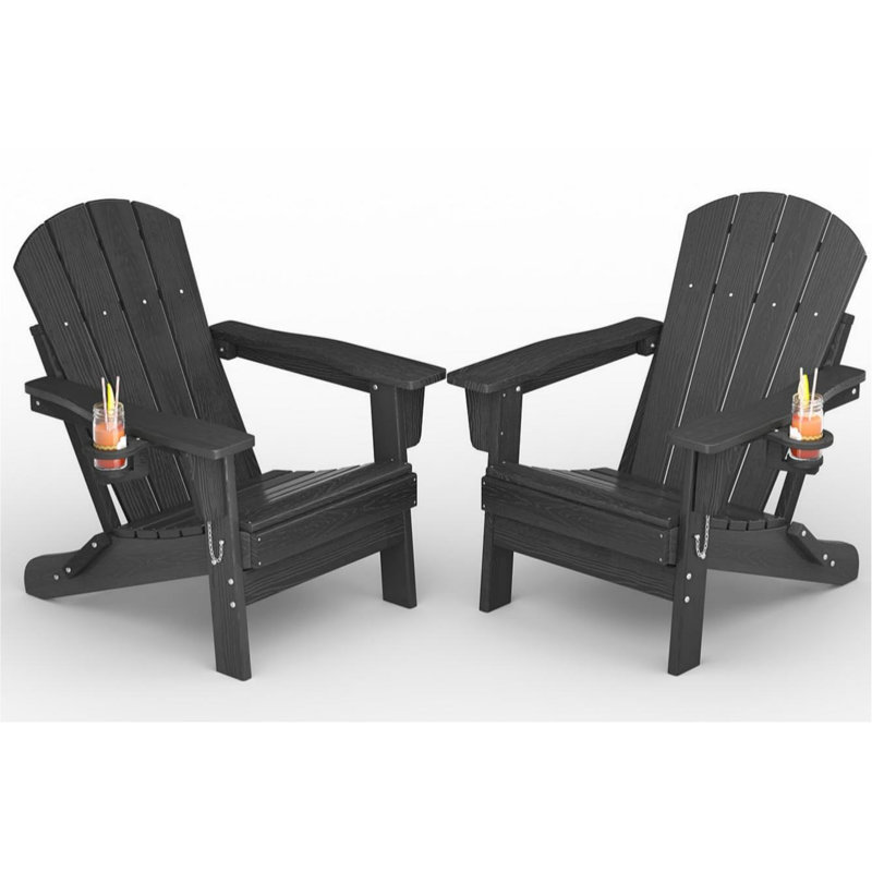 Set of 2 Folding Adirondack Chair with Cup Holder - All-Weather HDPE Outdoor Patio Chair, Wooden Textured Look & Foldable Design for Fire Pit, Deck, Garden, and Porch