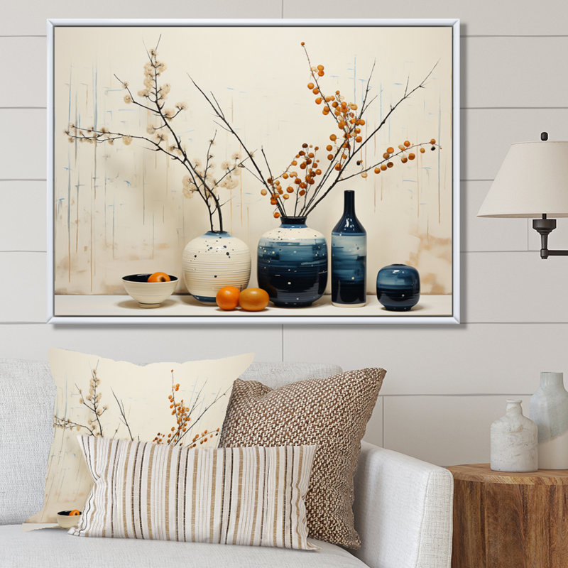 «Blue Beige Minimalist Oasis Pottery», reproduction d'art sur toile, Cadre flottant blanc, H 34 po x l 44 po x P 1,5 po