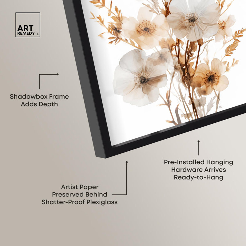«Parchment Petals Shadowbox Print», art floral élégant par Art Remedy, Noir, H 16 po x l 11 po