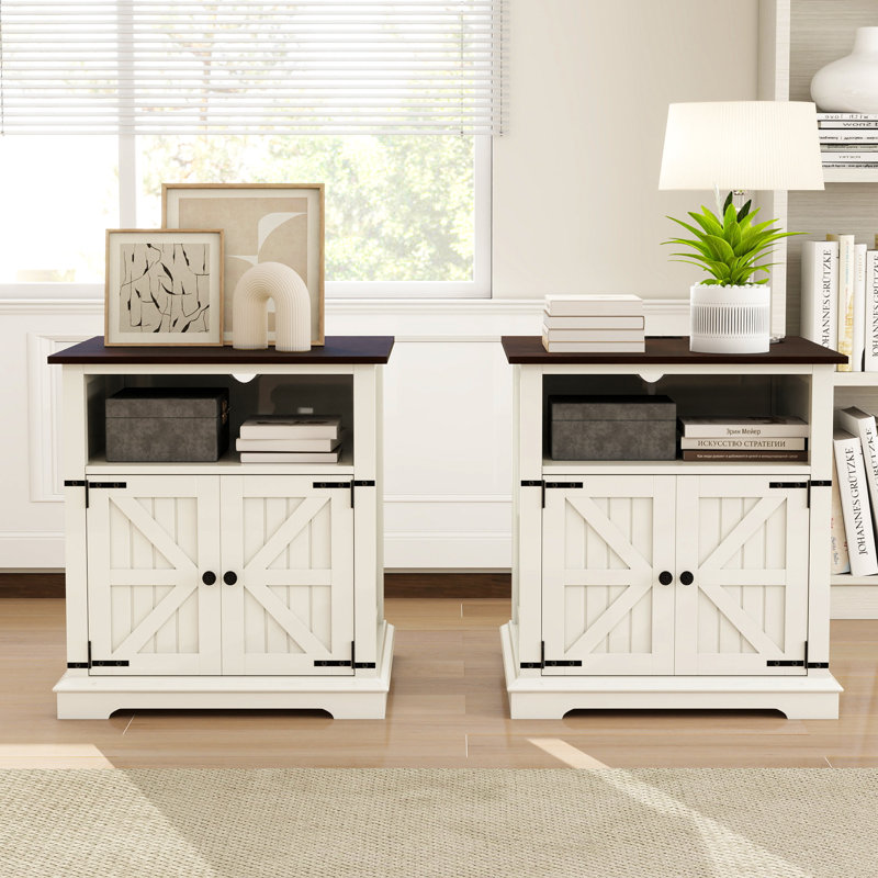 End Table With Charging Station, 24" Farmhouse Nightstand With Barn Door(Set Of 2), White