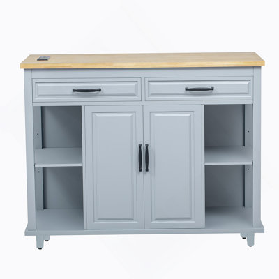 Îlot de cuisine 47 po avec table de salle à manger extensible, table de cuisine en placage de bois d'hévéa avec support de rangement interne, prise de courant, îlot de cuisine avec rangement 2 tiroirs et 2 armoires, blanc