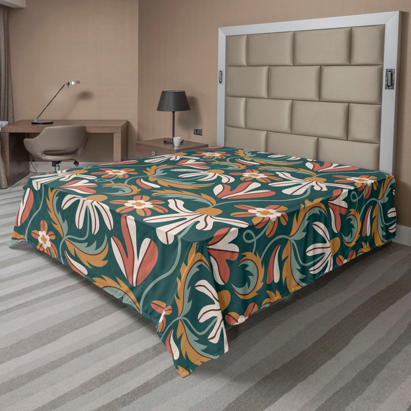 Floral Flat Sheet, Pale Rust Grey Teal and Amber