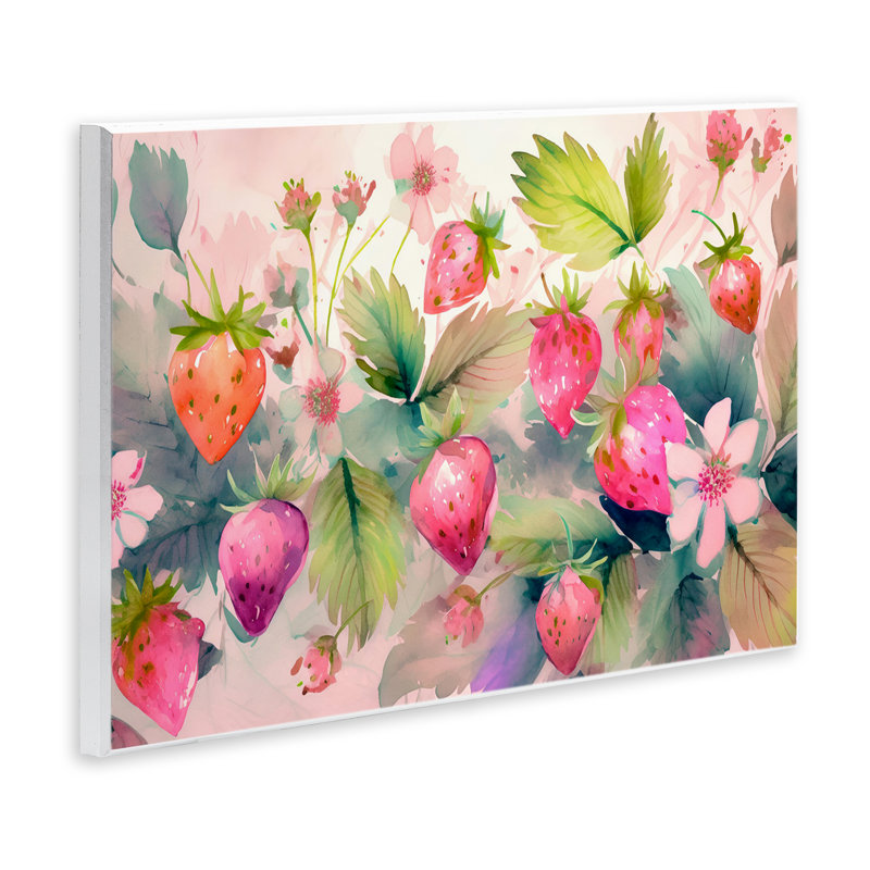  «Pink Strawberries & Bloom», art mural sur bois par Alina Georgescu, H 13 po x l 19 po