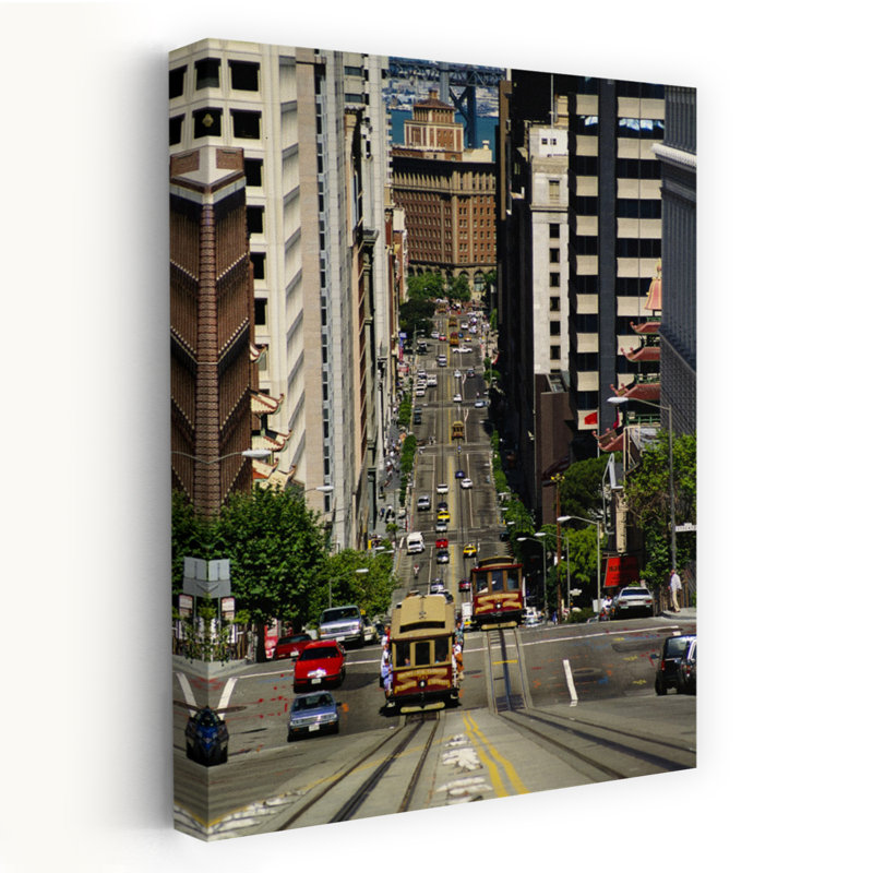Cable Car Driving On Steep Street In San Francisco, California, Usa Contemporary Architecture Wall Art, H 60 po x l 40 po