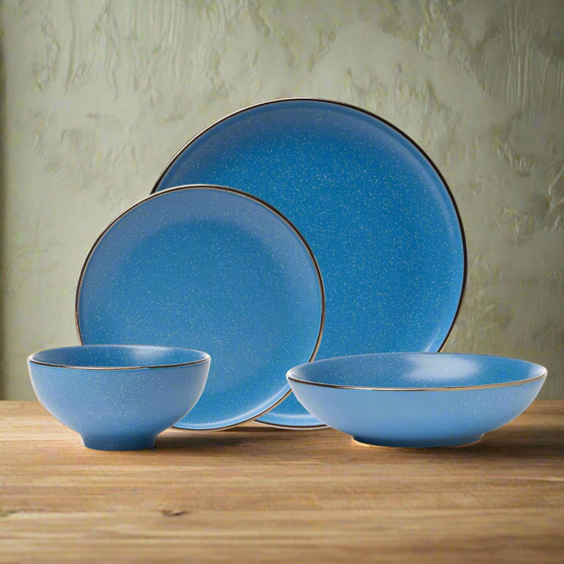Blue Ceramic Dinnerware Set with Gold Rim, Service for 4