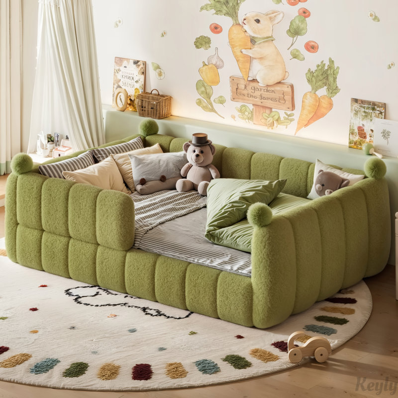 Lit simple tapissier sur pied avec traverses doubles, Double, Vert