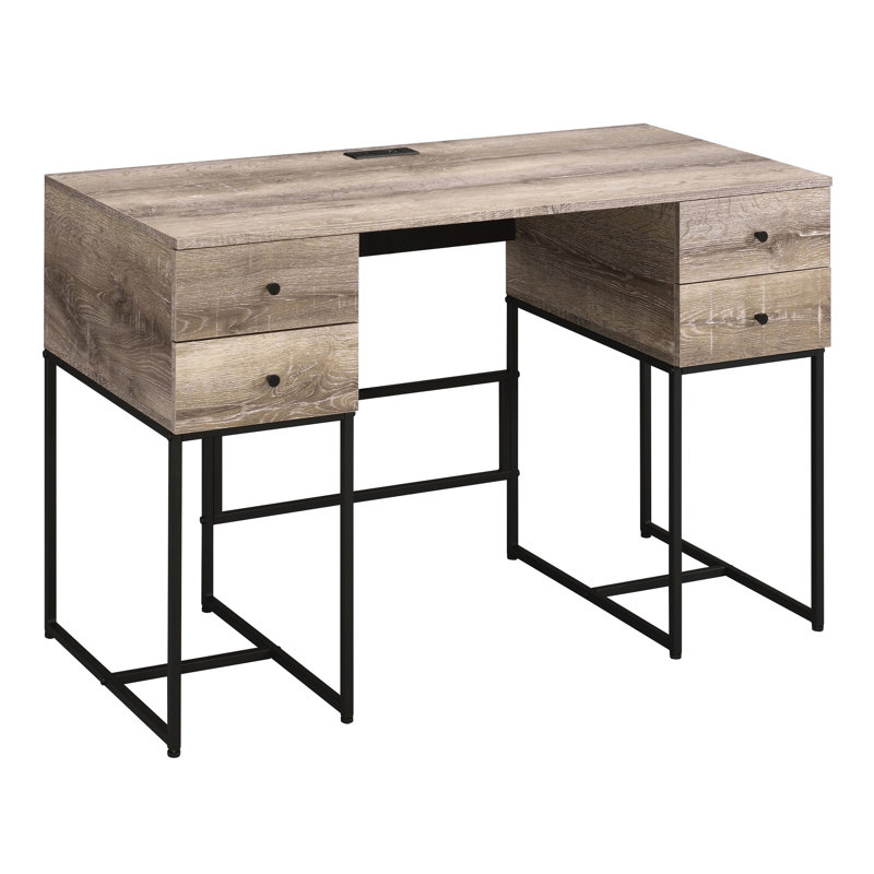 Modern Rustic Office Desk With 4 Storage - Oak And Black Port Charging Metal Sled Base For Stability