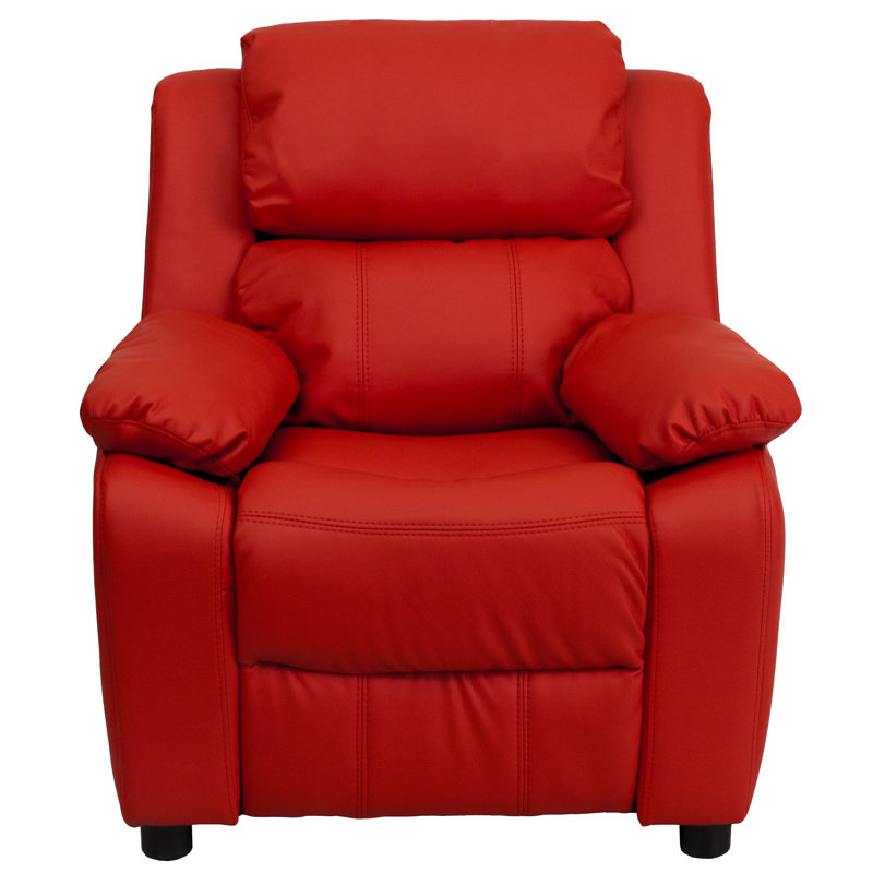 Deluxe Padded Contemporary Kids Recliner with Storage Arms, Vinyl - Red