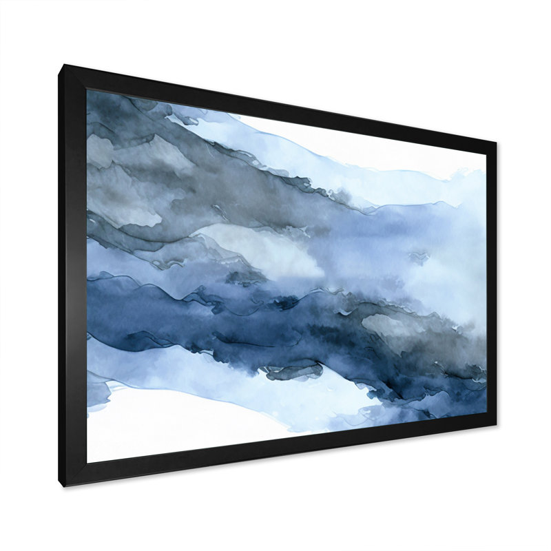 Sapphire Blue Nebula VII - Art mural abstrait à l'encre liquide pour le salon, Cadre simple noir, H 12 po x l 20 po x P 1 po