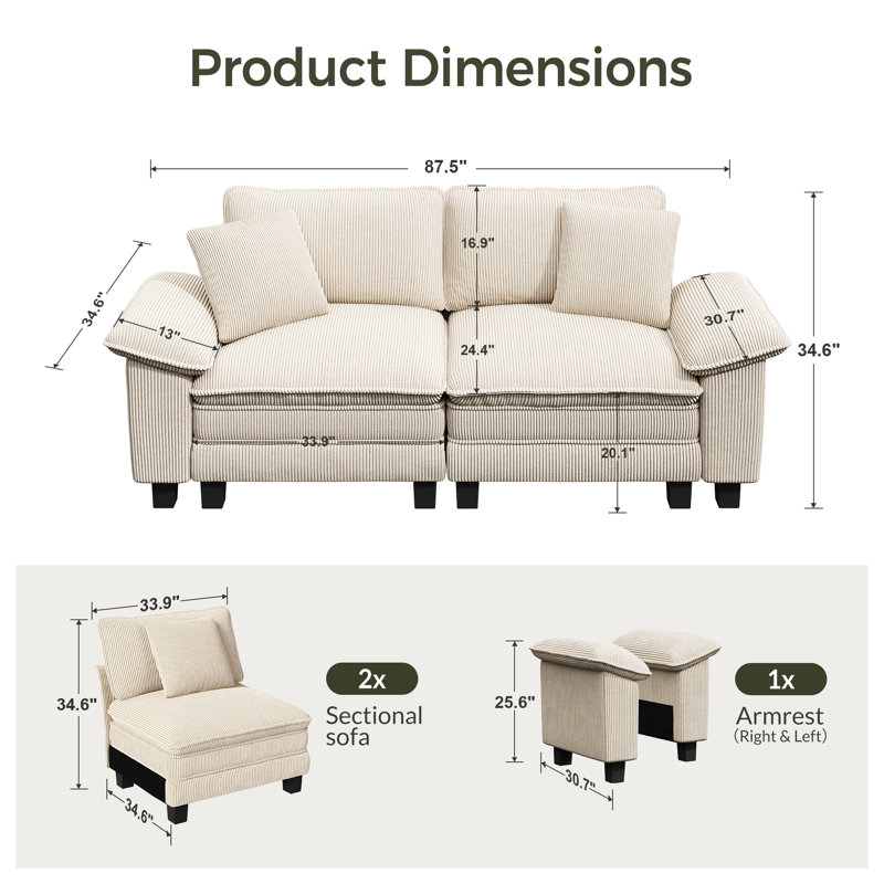 88" Modular Sectional Loveseat Couches For Living Room, 2-seater Deep Seat Sofa With Throw Pillow, Ivory Corduroy