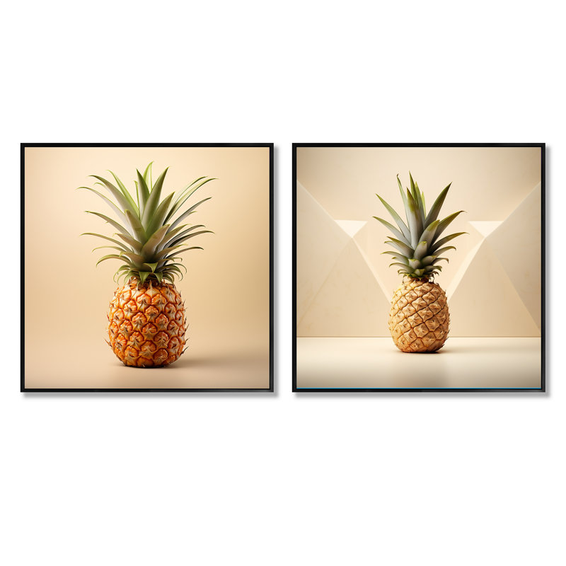 Sweet Pineapple Fantasy - Ensemble de 2 collages carrés ananas, Cadre flottant noir, H 16 po x l 33 po