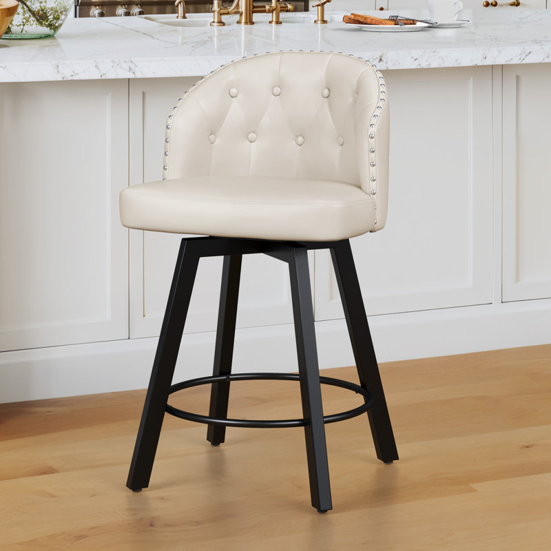 Tabouret de comptoir pivotant 26 po avec dossier et structure en métal, Blanc / similicuir blanc