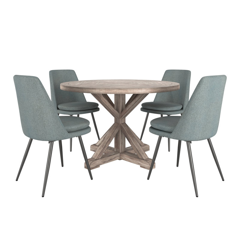 Ceri Rustic X-Base 48" Round Dining Table Set -Table And 4 Chenille Fabric Chairs, Gray, Blue/Black