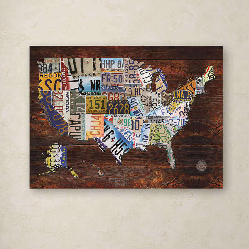 « USA License plaque Map »-impression d’art graphique, H 18 po x l 24 po x P 2 po, Toile tendue, Blanc
