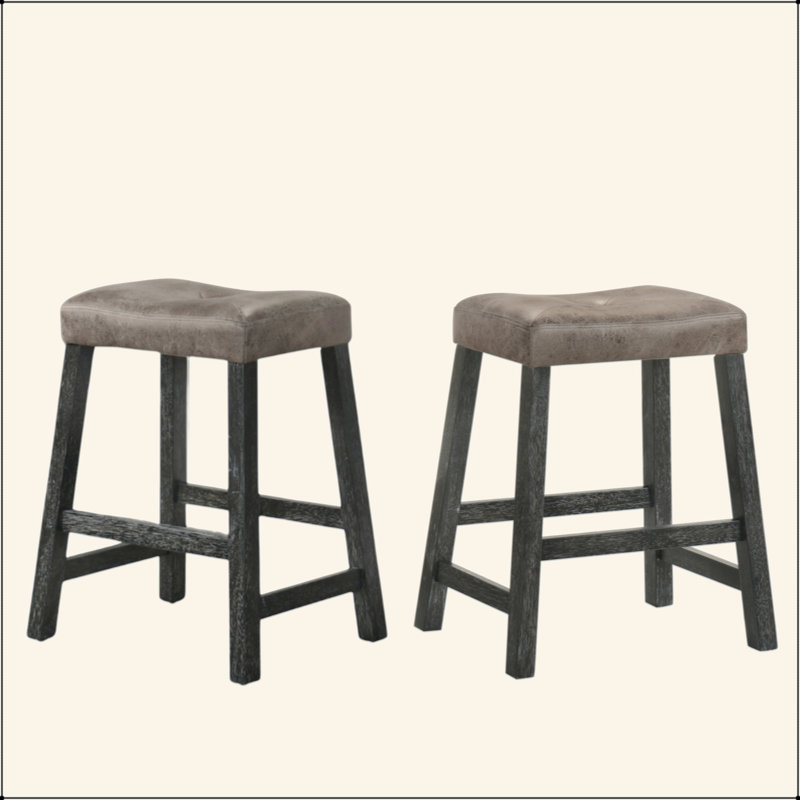 Ensemble de 2 tabourets de comptoir de style campagnard rustique, tabourets de bar en bois sans dossier avec siège en similicuir, finition patinée pour économiser de l'espace