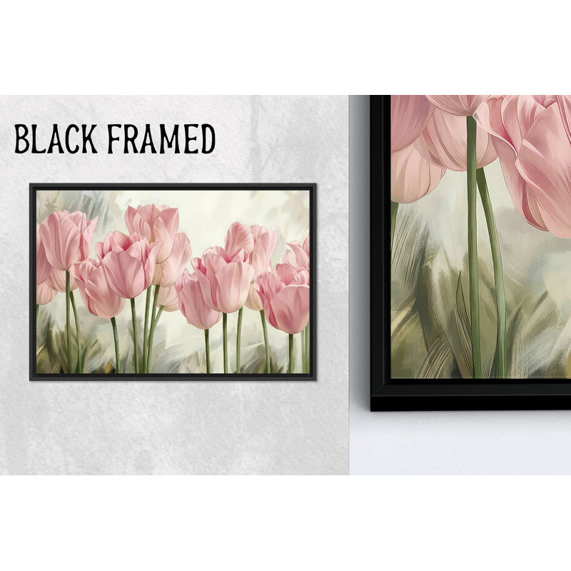 Toile imprimée: décoration murale florale moderne - art tulipe rose, toile noire encadrée 1P