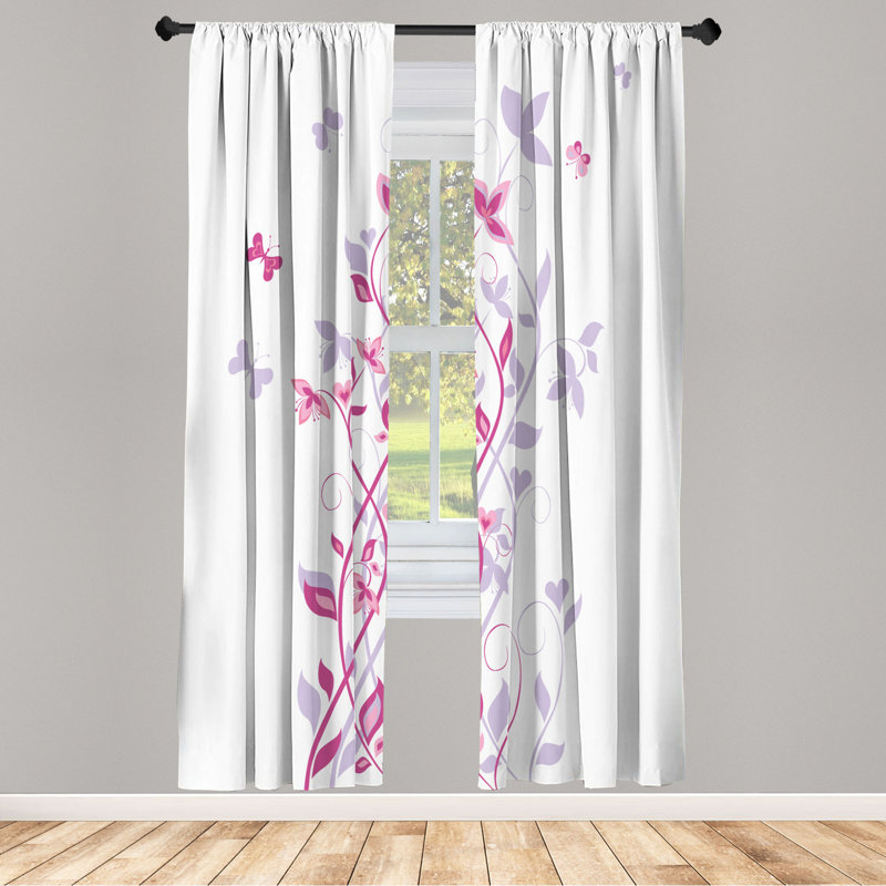 Microfiber Floral Semi-Sheer Rod Pocket Curtain Panels, 28" W x 84" L, Light Purple/Pink/White