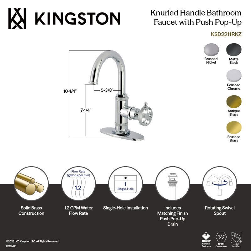 Robinet de salle de bain 1 trou à fixation sur le comptoir avec poignée moletée et bonde à poussoir Kingston, Chrome poli