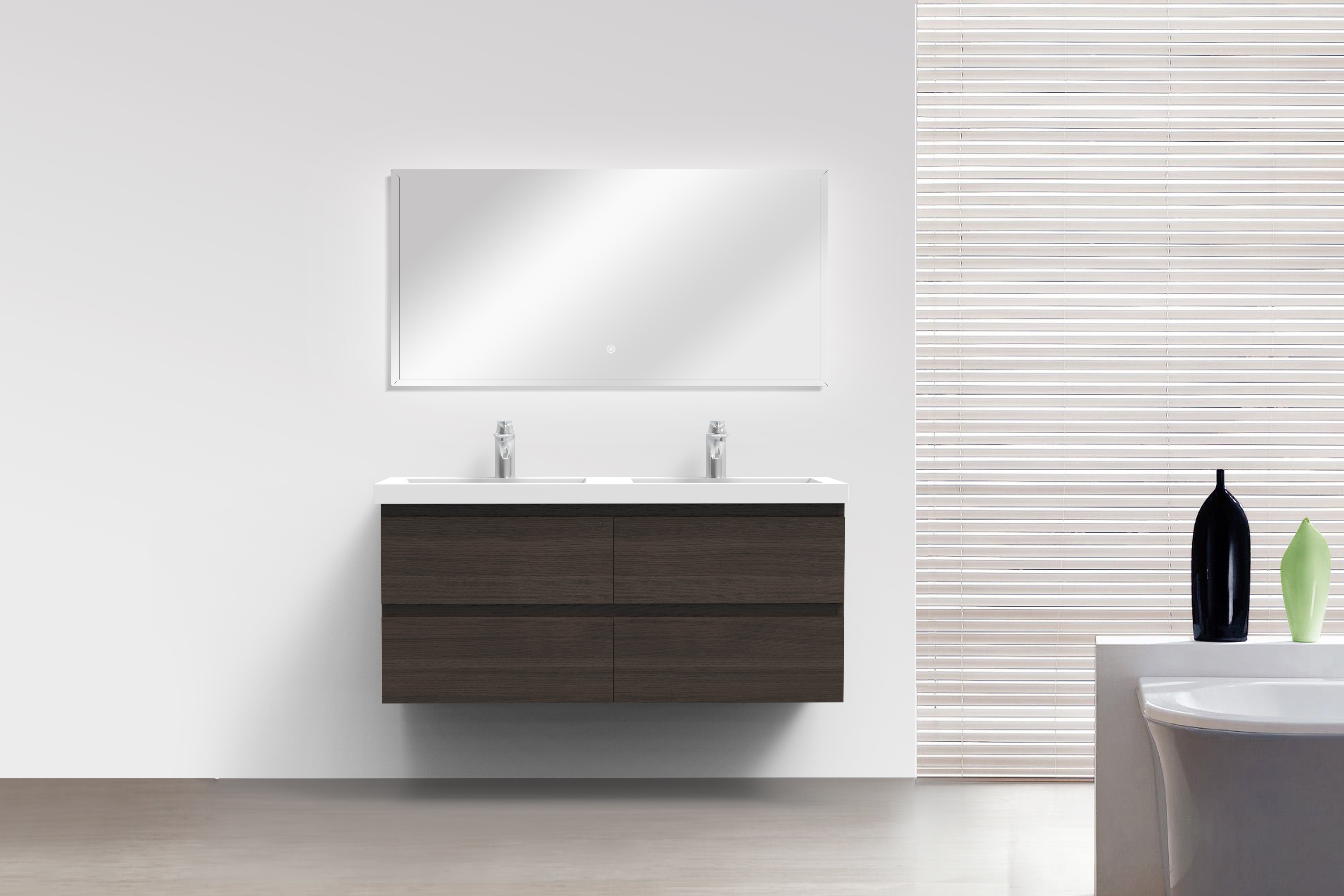 72 inch Wall Mounted Double Bathroom Vanity Latte Oak Finish with Solid  Surface Integrated Sink Top