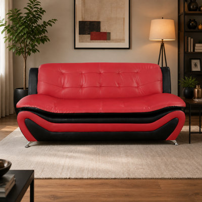 Modern Black and Red Faux Leather Sofa with Tufted Back, Flared Arms, and Comfortable Cushioned Seating
