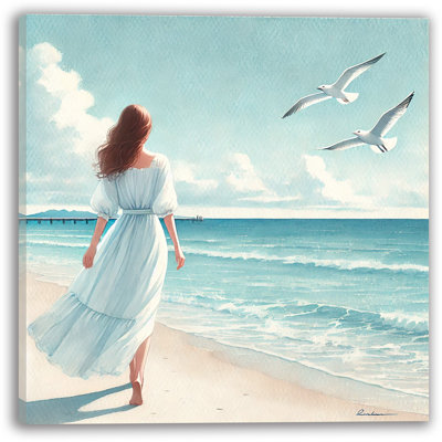 Solitary Stroll by the Sea Wrapped Canvas Print Wall Art