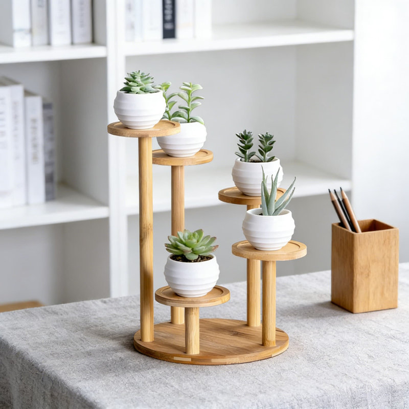Support à plantes rond en bambou à 5 niveaux pour plantes d'intérieur de table, étagère à plantes grasses à plusieurs niveaux avec cadre robuste pour le salon, le bureau, la décoration intérieure
