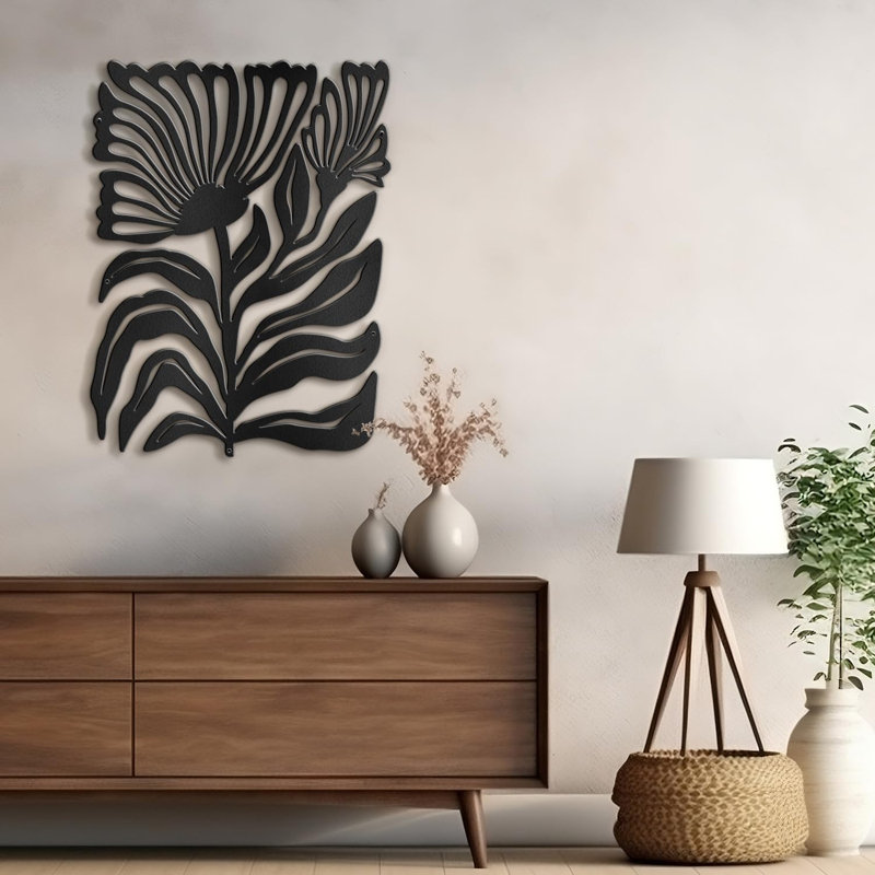 Décoration murale en métal Botanical Flower Minimalist Modern Abstract, H 30 po x l 23,62 po x P 0,05 po, Noir