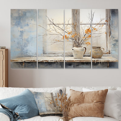 Cottage In Winter Window Charm II - Farm Windows 4 Piece Wall Art Decor