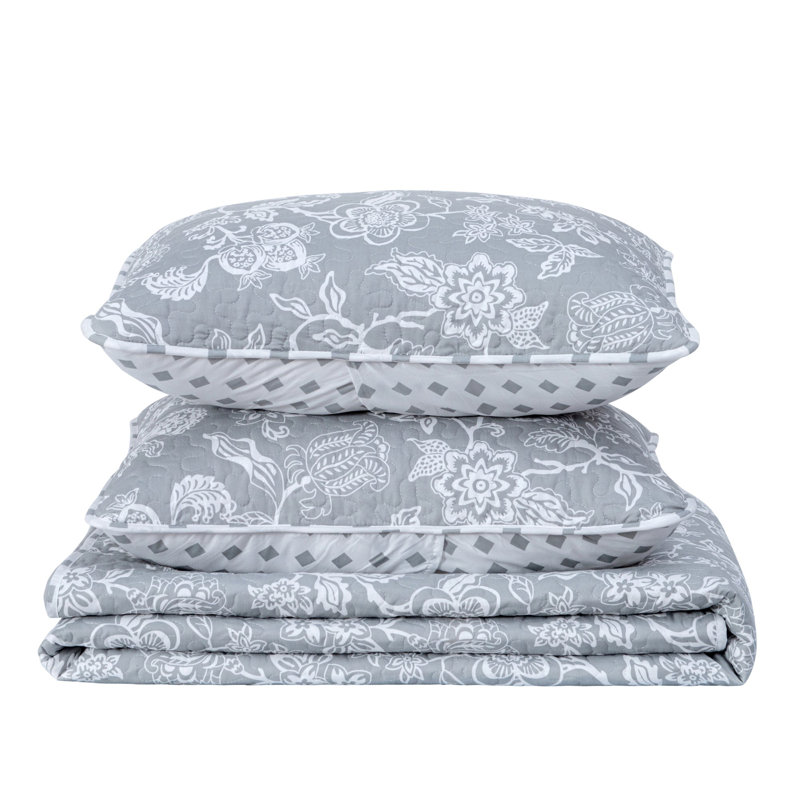 Emma Grey Reversible Twin Microfiber Floral Quilt Set