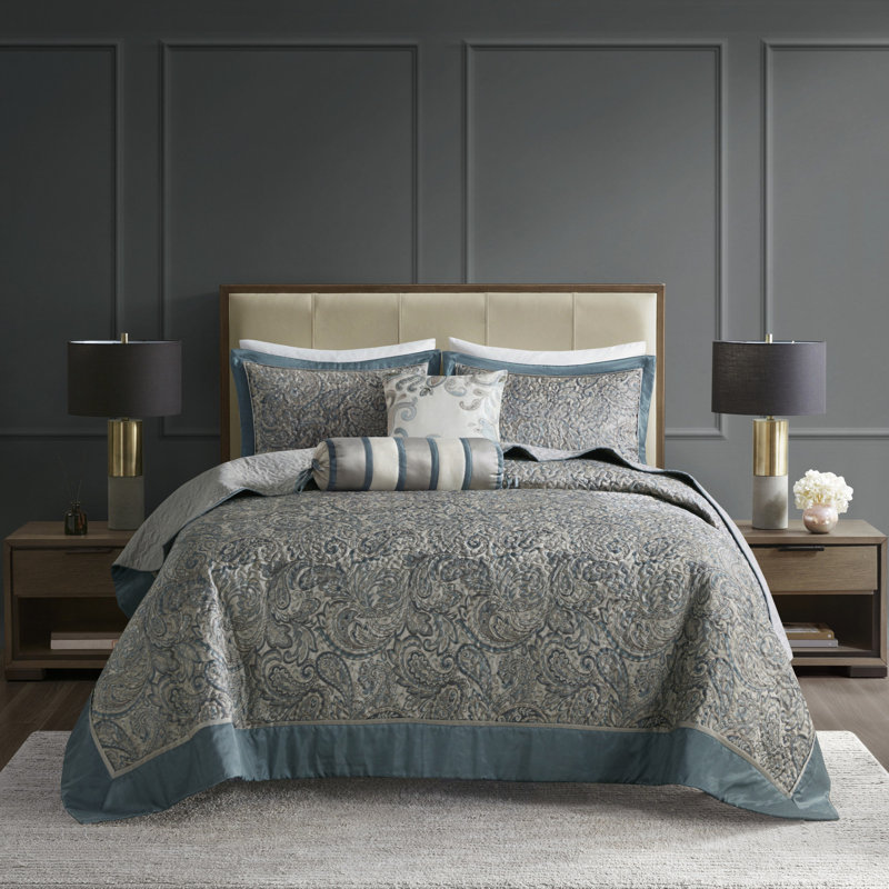 Couvre-lit 5 pièces pour grand lit - sarcelle avec coussins 100% coton, rembourrage en microfibre de coton, bordure grise séduisante