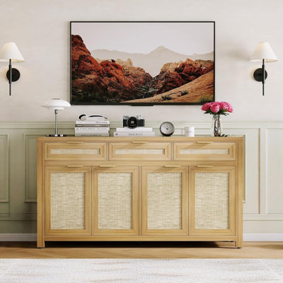 63in Farmhouse Storage Buffet Cabinet – Deep Oak, 3 Drawers, 4 Doors & Adjustable Shelves