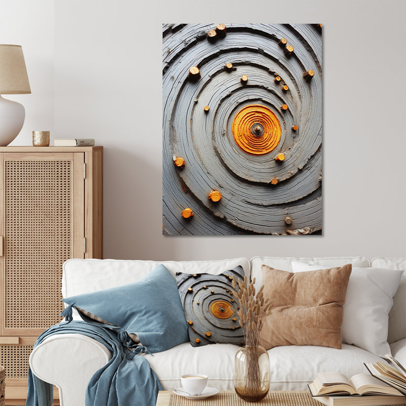 Pierre moderne spirale grise et jaune II - art mural abstrait en spirale en métal, H 32 po x l 24 po x P 1 po