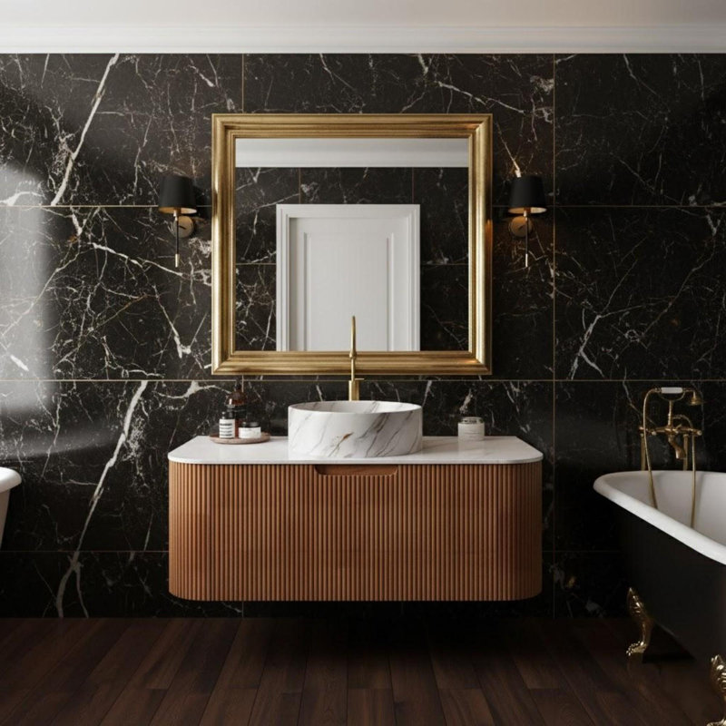 Armoire de rangement murale de 36 pouces à bord arrondi et rayée avec lavabo rond en céramique blanche à motif de pierre, 36"