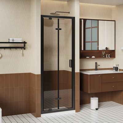 26.8-28"w X 72"h Reversible Bi-fold Pivot Shower Door, 1/4"(6mm) Clear Tempered Glass, Black