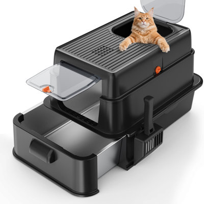 Luxury Stainless Steel Enclosed Cat Litter Box with Lid, Top Entry, Leak-Proof, Pull-Out Tray, Odor-Free Design, Easy to Clean, Includes Cat Litter Scoop - Black