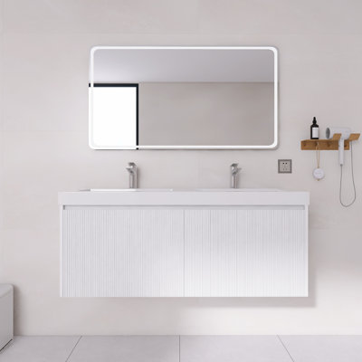 48" Floating Bathroom Vanity with Acrylic Top | Fluted Wood Cabinet, Soft-Close & U-Shaped Plumbing Drawer