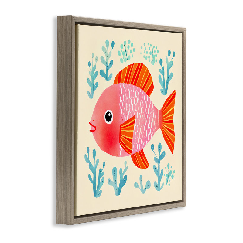 «Happy Fish & Seaweed Sprig», art mural encadré gris flottant par Andrea Haase, Cadre flottant orme Montalcino