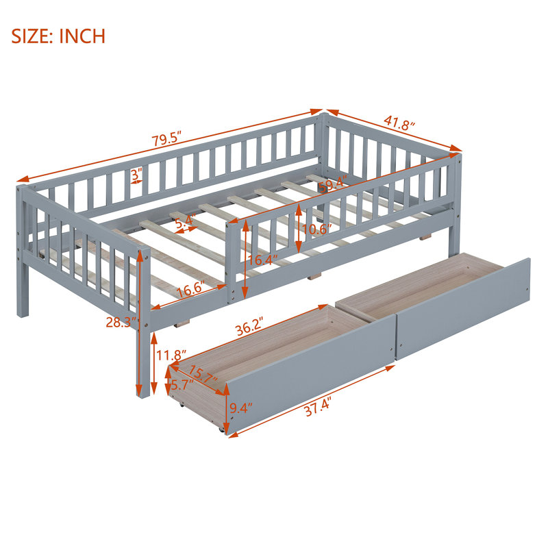 Daybed Wood Bed With Two Drawers, Gray, Twin