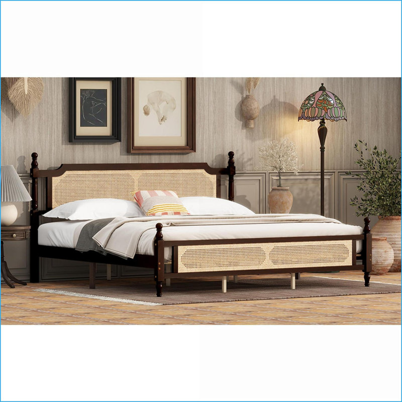 Lit plateforme très grand en pin massif avec tête de lit en rotin et amp; Pied de lit, aucun sommier nécessaire, espresso pour la chambre principale
