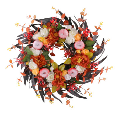 Couronne florale artificielle d'automne de 21,65 pouces avec ornements de pomme rose, rose en soie et couronne de feuillage d'automne pour décor de fête de Noël