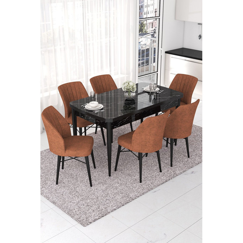 Ensemble de table et chaises de salle à manger moderne extensible (7 pièces), marbre noir et tuile rouge, 44,9 x 30,7 x 27,6 pouces | 100% panneau de fibres à densité moyenne avec pieds en bois et structure en métal | 28 sièges confortables en mousse | Parfait pour les salles à manger élégantes