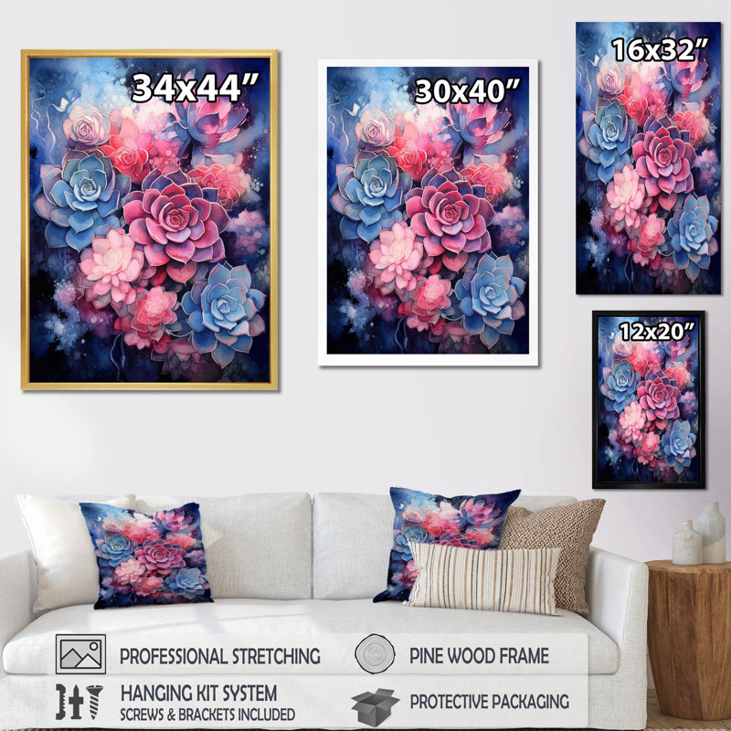 Rose, bleu, résilience des plantes grasses - impression, H 40 po x l 30 po x P 1,5 po, Cadre flottant noir