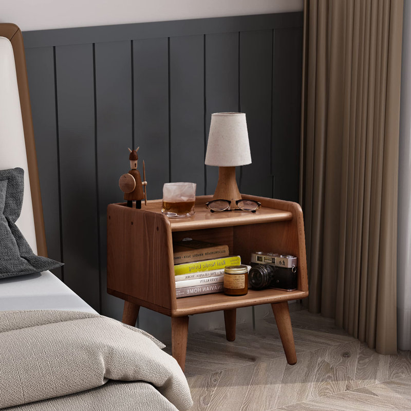Jahkim Solid Beech Wood Nightstand, Bedside Table w/Open Storage Compartment, Fenced Top, Cable Hole