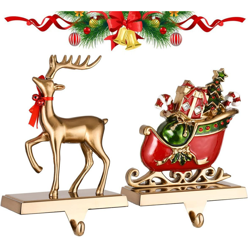 Antique Gold Reindeer and Santa Sleigh Stocking Holders Set