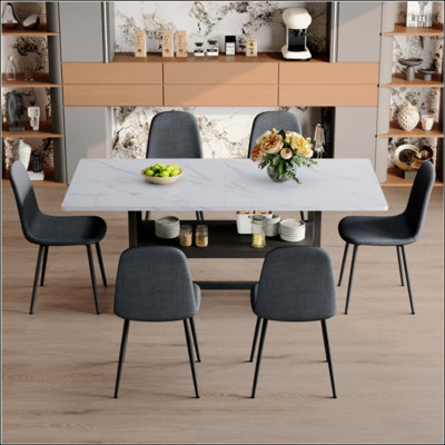 Table de salle à manger élégante avec rangement et 6 chaises en lin et coton à haute résilience, parfaites pour les maisons modernes
