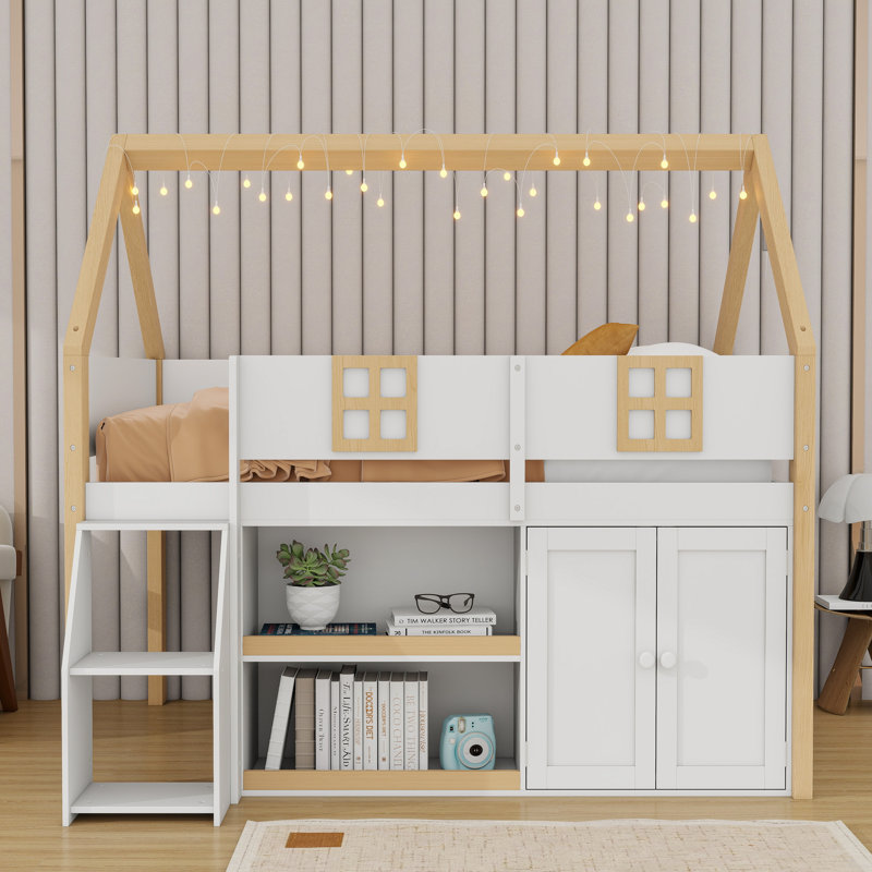 Wooden Low Loft Bed With LED Lights, Storage Shelf And Cabinets, Full