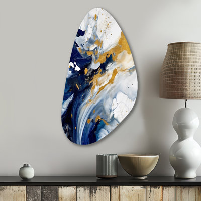 Art mural asymétrique en métal bleu foncé et or sur fond XXVI, fractal, forme irrégulière bleue
